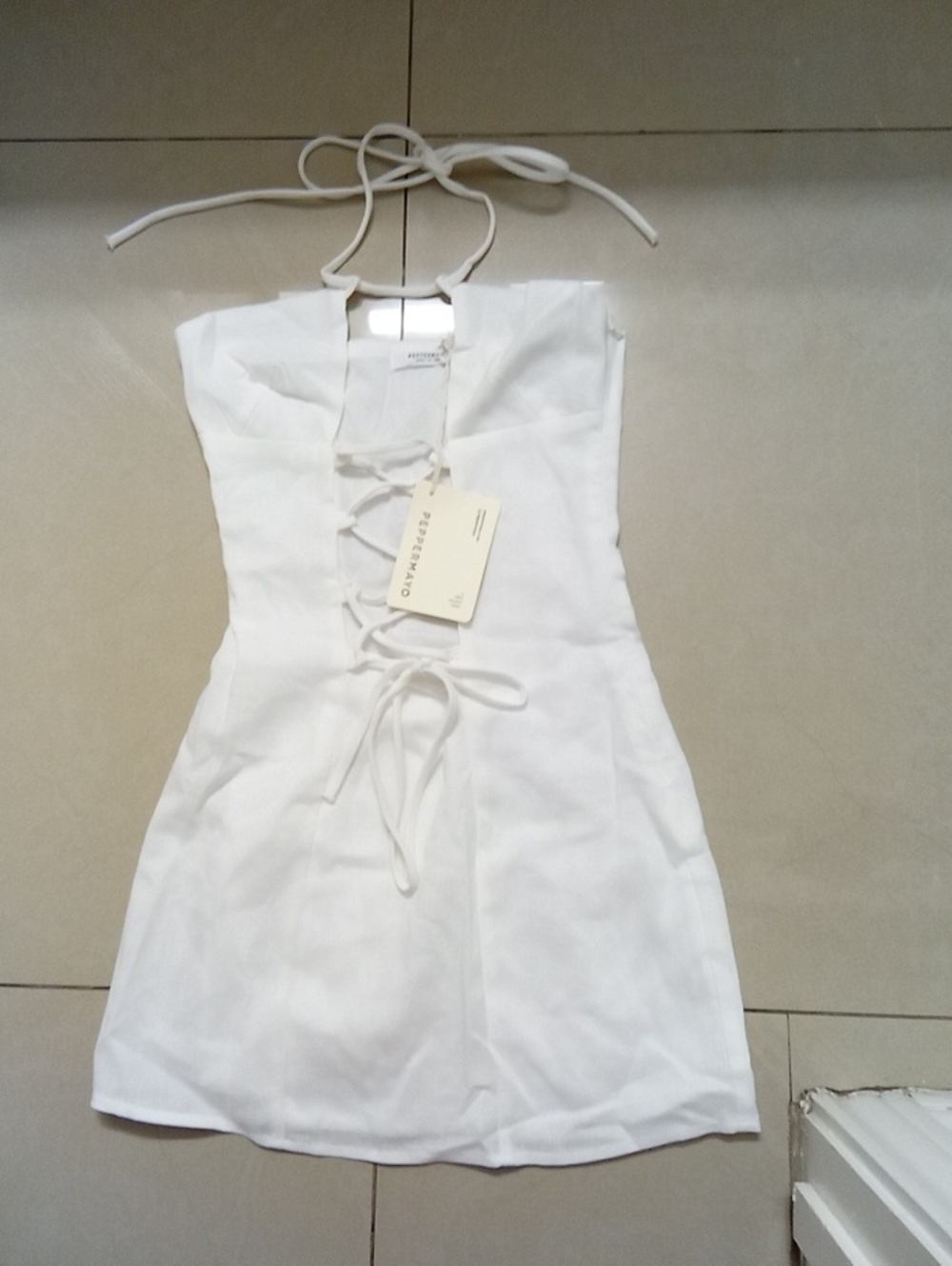 Peppermayo White Lace-Up Halter Mini Dress